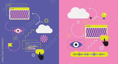  Trendy stickers Y2k. Work organization Concept illustration. Workflow. IT management, process, Flat icons design. Cloud service, transfer data. Cyber, retro futurism elements, zine aesthetic. design