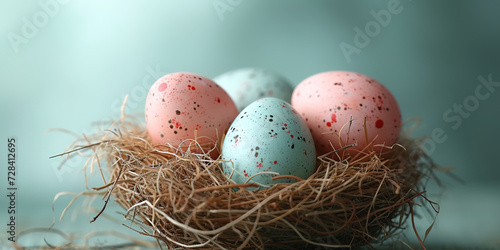 Easter oftly colored eggs in the nest on blurred background. Soft pastel colors. AI