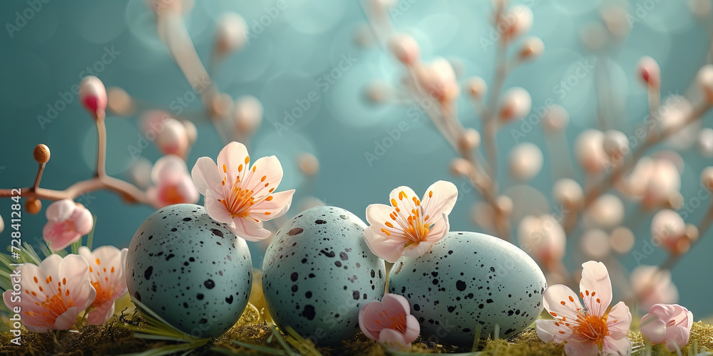Easter card with a minimalistic composition of softly colored eggs and flowers in a blurred background. 