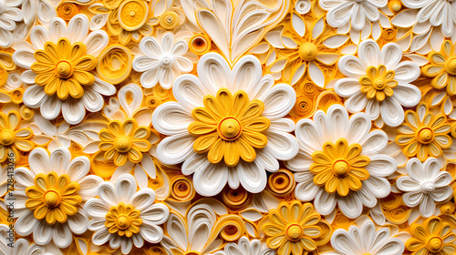 Quilling paper of white and yellow flowers shapes. Quilling paper curls and rolls banner in an abstract panel with copy space. Filigree paper colored background. Quilling hobby examples.