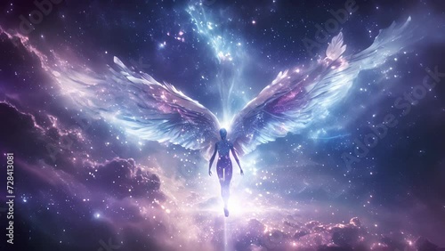 A stoic figure with iridescent wings adorned with constellations and sparkling comet tails soaring through the universe with grace and purpose. photo