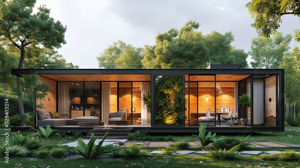  A modular home with movable walls and retractable roofs.