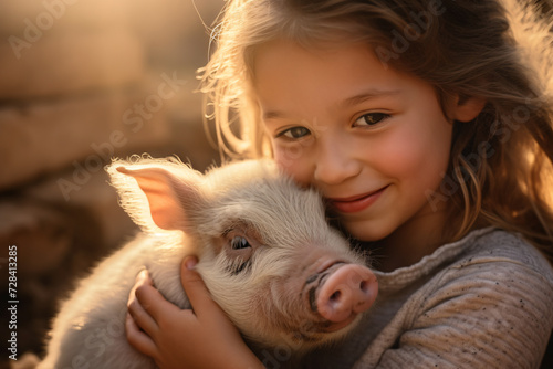 Female child hugging piglet photo