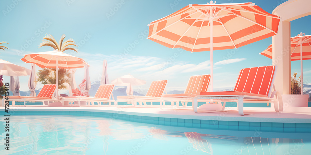 Awesome portrait beautiful concept accessories umbrellas hot weather water pool lounge chairs illustration sky blue background.