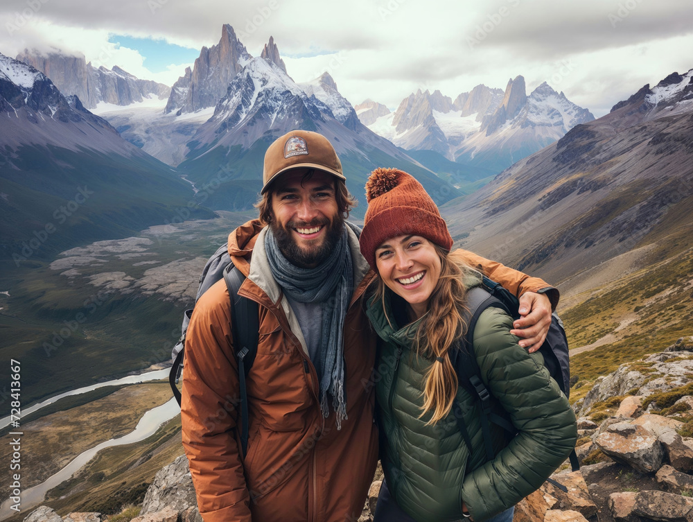 portrait of a Happy Couple Embracing in Mountain Landscape Adventure portrait of a Happy Couple Embracing in Mountain Landscape Adventure