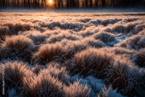 Hoar frost covered grass at dawn in the woods