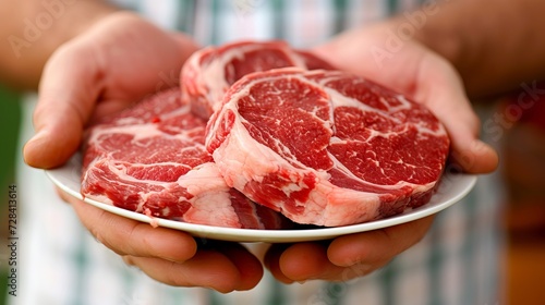 Expert butcher s hands skillfully holding a succulent, juicy, and marbled raw beef steak photo