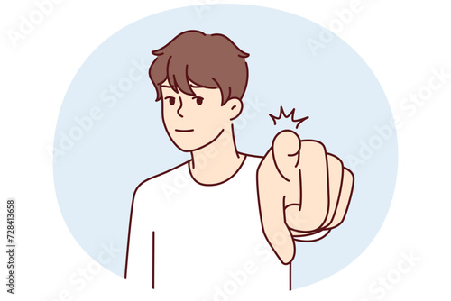 Confident man pointing finger at camera to press button on invisible screen. European guy points to display with hand calling to attend event or participate in promotion. Flat vector illustration