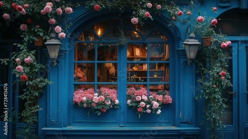 Romantic blue flower shop window with arches windows and pink peonies