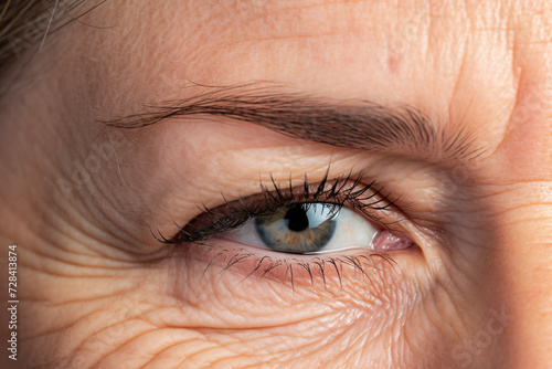 Close up of elderly woman's eye with wrinkles and hooded eyelid