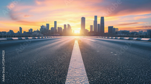 Asphalt road and modern city skyline with buildings in Hangzhou at sunset © Art AI Gallery