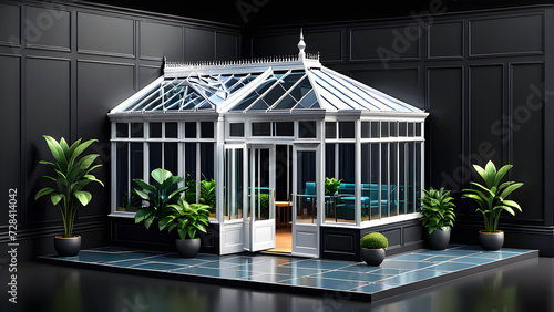 conservatory room isolated on a black background. sun room, glass room. plat room
