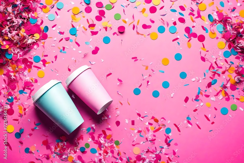 Drinking Paper Cup with Multicolored Confetti Scattered on Fuchsia Background. Flat Lay Composition. Birthday Party Celebration Kids Fun Cheerful Atmosphere. Greeting Card Poster Template. Copy Space Drinking Paper Cup with Multicolored Confetti Scattered on Fuchsia Background. Flat Lay Composition. Birthday Party Celebration Kids Fun Cheerful Atmosphere. Greeting Card Poster Template. Copy Space