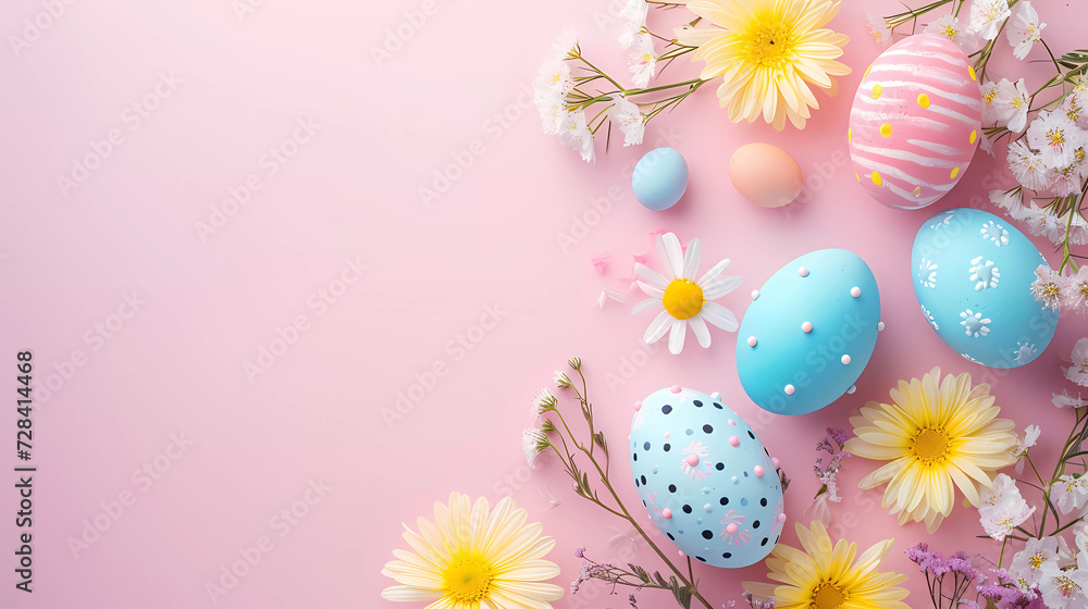 Realistic 3d design Top view banner of easter eggs ,flowers with soft color background.Easter festival background. Realistic 3d design Top view banner of easter eggs ,flowers with soft color background.Easter festival background.