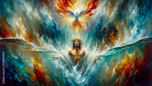 Divine Immersion: Jesus' Baptismal Fire and the Holy Spirit Descending in the Form of a Dove in the Waters of the River Jordan.