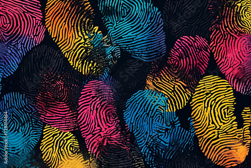 Cyberpunk Style Fingerprint Collage. A vibrant array of fingerprint patterns in a cyberpunk color palette creates an abstract, textured background. Horizontal illustration.