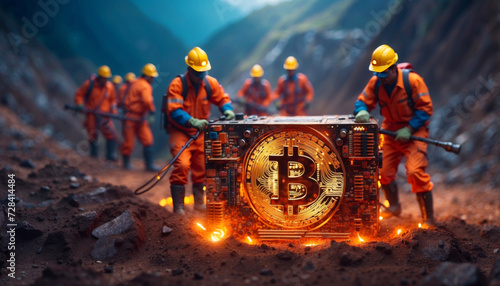 Miners generate Bitcoins in a mine photo