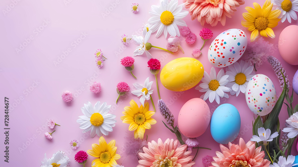 Realistic 3d design Top view banner of easter eggs ,flowers with soft color background.Easter festival background.