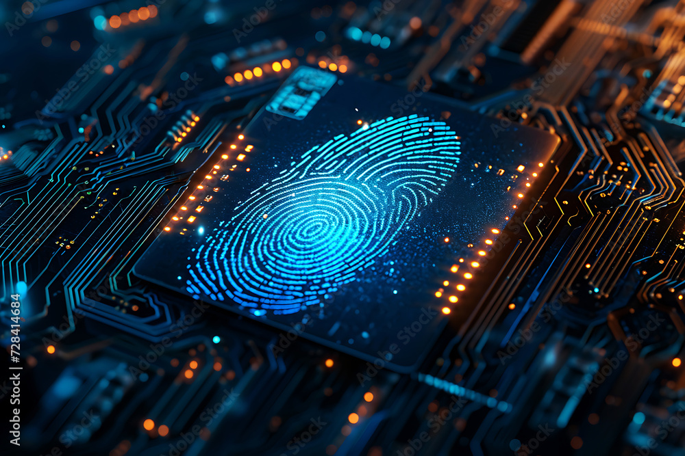 Fingerprint Authentication on Circuit Board. A high-tech fingerprint illustration integrated on a digital circuit board, symbolizing advanced security technology. Horizontal illustration Fingerprint Authentication on Circuit Board. A high-tech fingerprint illustration integrated on a digital circuit board, symbolizing advanced security technology. Horizontal illustration