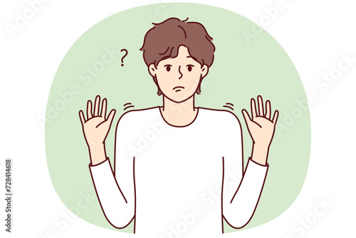 Embarrassed man discouraged raises hands up not understanding what is happening shows that is not guilty. Puzzled guy shrugging hands as sign lack options for solving problem. Flat vector design
