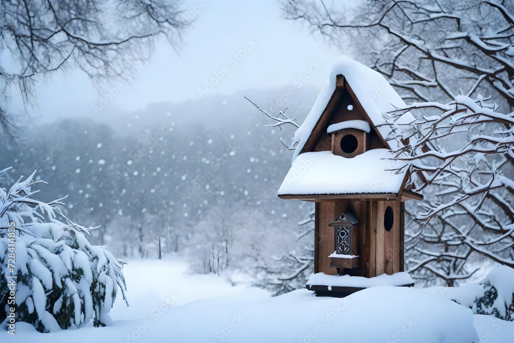 ow covered bird house in winter with snowflakes falling down ow covered bird house in winter with snowflakes falling down