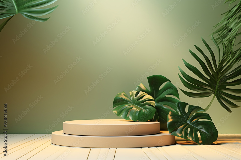 3D Podium Display with Tropical Leaves in Morning Light 3D Podium Display with Tropical Leaves in Morning Light