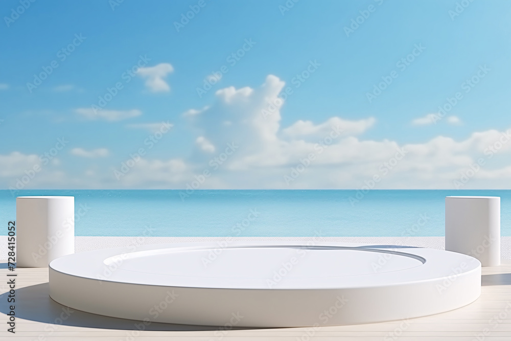 3D White Podium Beach and Sea Background