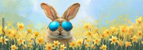 daffodil easter bunny, a cool rabbit with reflective sunglasses in field of daffodils, with copy space for advertising, markting, social media greetings photo