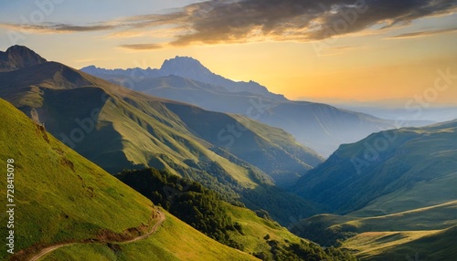 view of the green mountains at sunset gumbashi pass in north caucasus russia