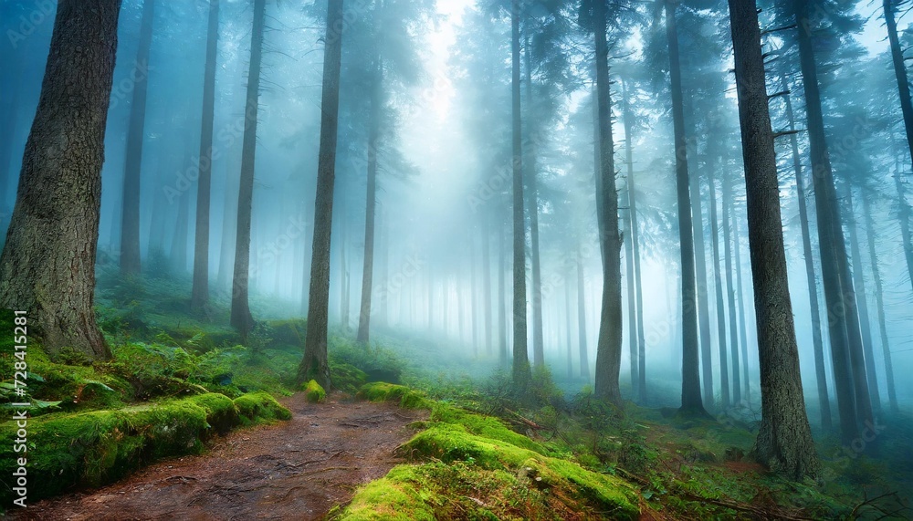 amazing mystical fog forest landscape created with technology