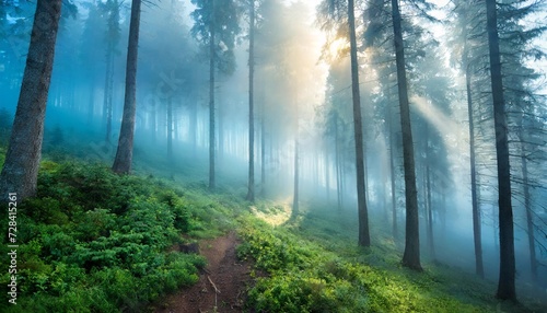 amazing mystical fog forest landscape created with technology