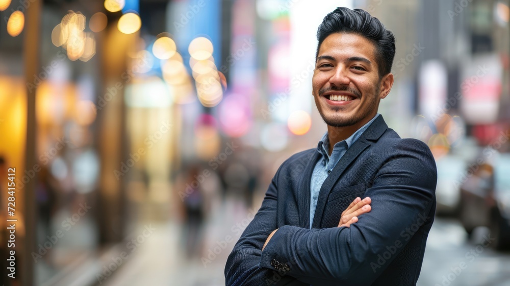 A Happy Young Hispanic Business Man Stands with Arms Crossed, Smiling in Triumph Against the Dynamic Urban Backdrop, Symbolizing Professional Achievement and Confidence A Happy Young Hispanic Business Man Stands with Arms Crossed, Smiling in Triumph Against the Dynamic Urban Backdrop, Symbolizing Professional Achievement and Confidence