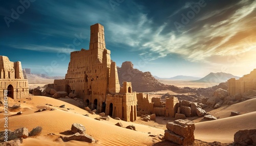 Fotografie, Tablou ancient lost city ruins in desert digital landscape background