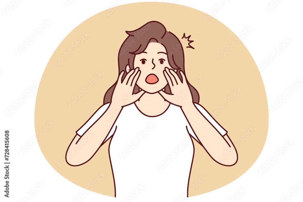 Woman screams loudly with mouth wide open and holds hands near face to tell others important news. Frightened girl tries to call for help using palms instead of megaphone. Flat vector design Woman screams loudly with mouth wide open and holds hands near face to tell others important news. Frightened girl tries to call for help using palms instead of megaphone. Flat vector design