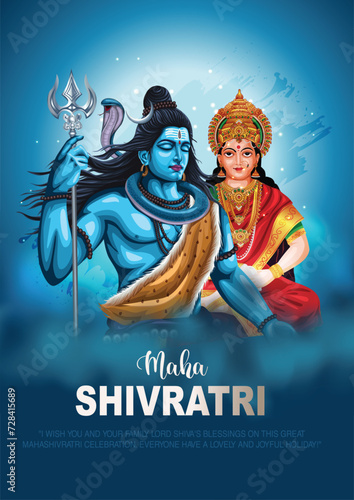 happy maha Shivratri with Shiva parvati devi, a Hindu festival celebrated of lord shiva night, english calligraphy. abstract vector illustration design photo