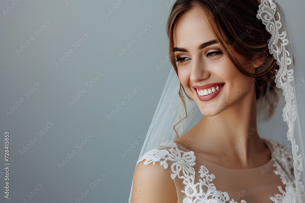 wedding advertising bride standing . she is wearing a beautiful dress and she is smiling. on a gray background, with empty copy space