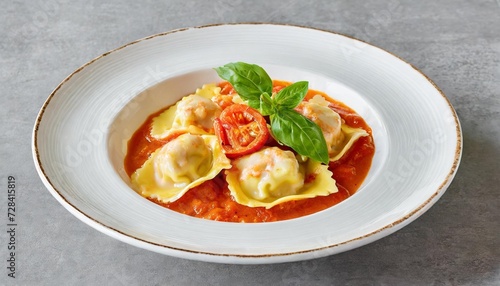 lobster ravioli in a creamy tomato sauce on white plates as an italian food bundle isolated on a transparent background