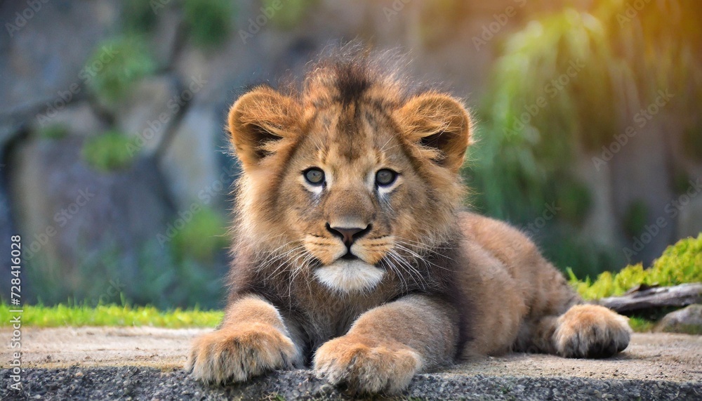 Obraz premium a close up of a lion laying on the ground with it s front paws on the ground looking at the camera lion head portrait baby face