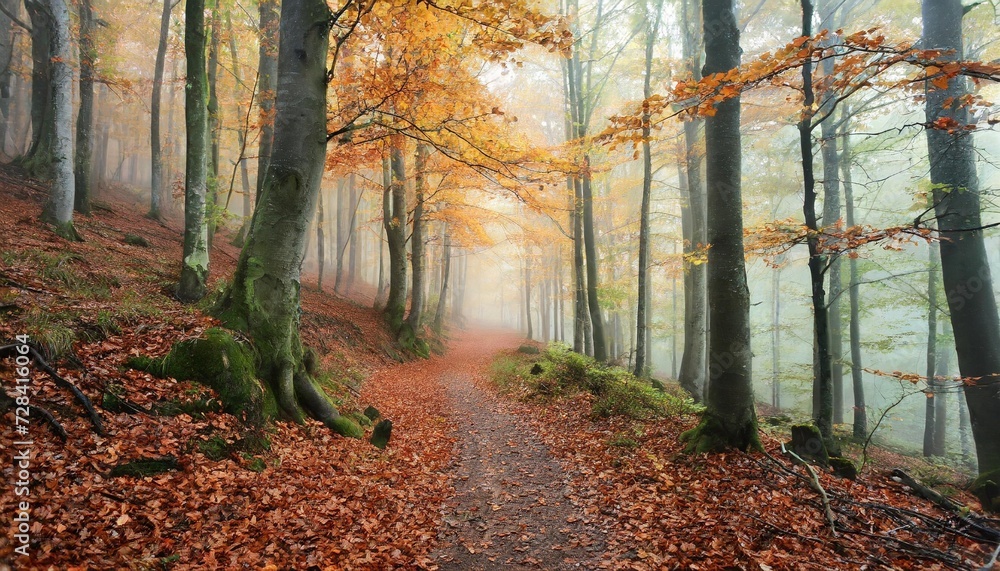 a forest path through the autumn beech forest on a foggy weather