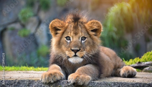 a close up of a lion laying on the ground with it s front paws on the ground looking at the camera lion head portrait baby face photo