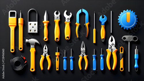 set of tools for repair. 3d electrician tools icon clipart isolated on a black background. 
