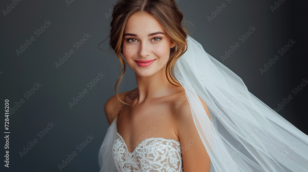 wedding advertising bride standing . she is wearing a beautiful dress and she is smiling. on a gray background, with empty copy space wedding advertising bride standing . she is wearing a beautiful dress and she is smiling. on a gray background, with empty copy space