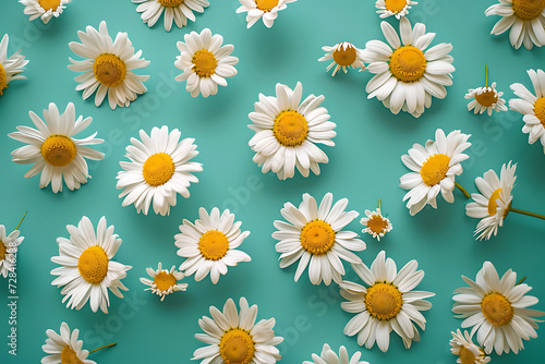 Scattered Daisies on a Teal Background. A collection of white daisies with vibrant yellow centers lie scattered across a soothing teal background, creating a fresh and lively floral pattern. 