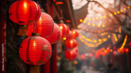 An image of red lanterns hanging in the streets during Chinese New Year