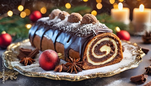french christmas dessert buche de noel delicious typical french xmas dessert baked biscuit rolled with chocolate cream and decorated with chocolate and sugar elements illustration