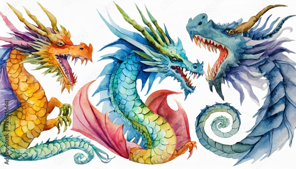 ute watercolor colorful dragons set isolated on white