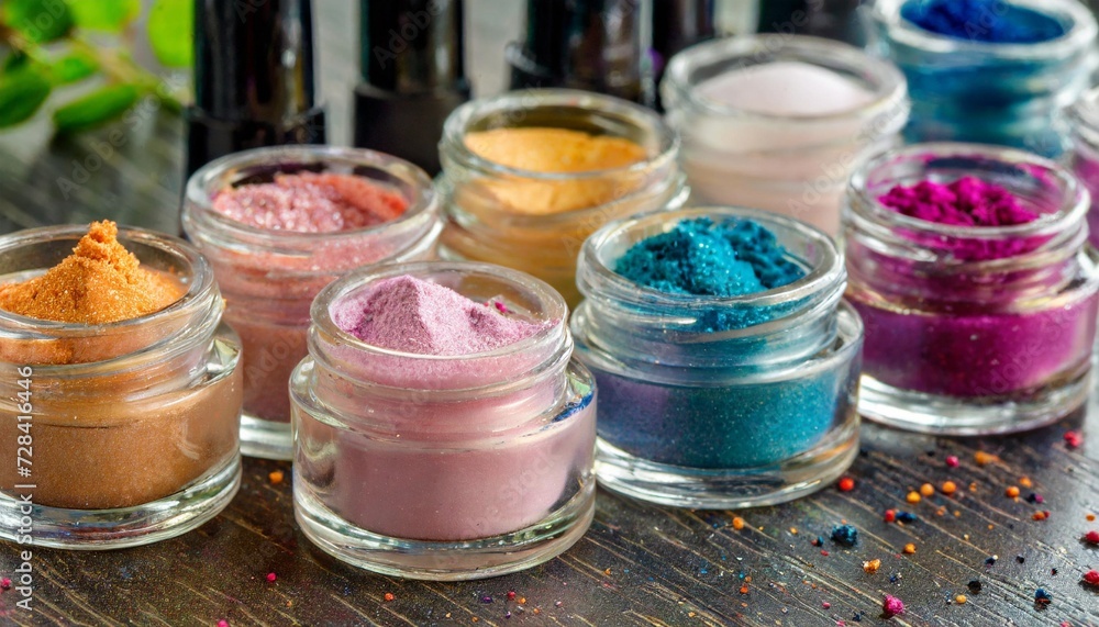makeup image of row of colorful powder jars containing dipping powder for nail polish makeup image of row of colorful powder jars containing dipping powder for nail polish