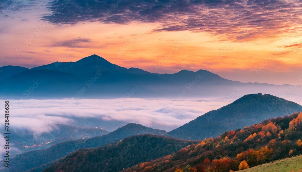 autumn sunrise cloudy sky over mountains abstract colorful peaceful sky background