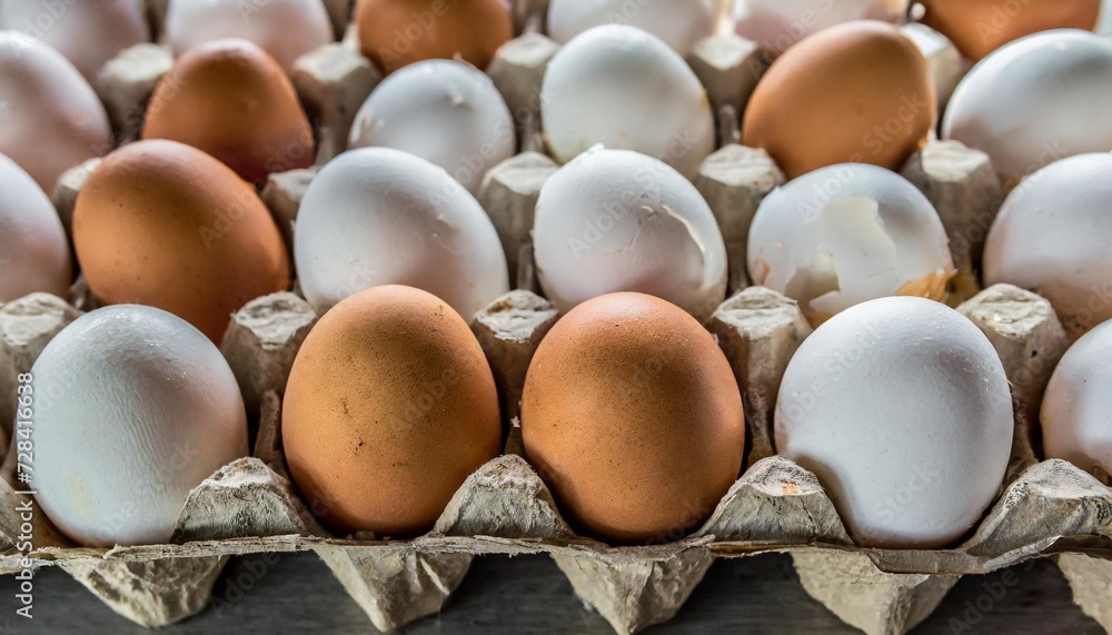 white and brown chicken eggs blown to remove their contents before dyeing displayed in egg cartons white and brown chicken eggs blown to remove their contents before dyeing displayed in egg cartons