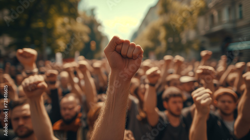 A group of people raised their fists up in the street, strike rally, asserting their rights